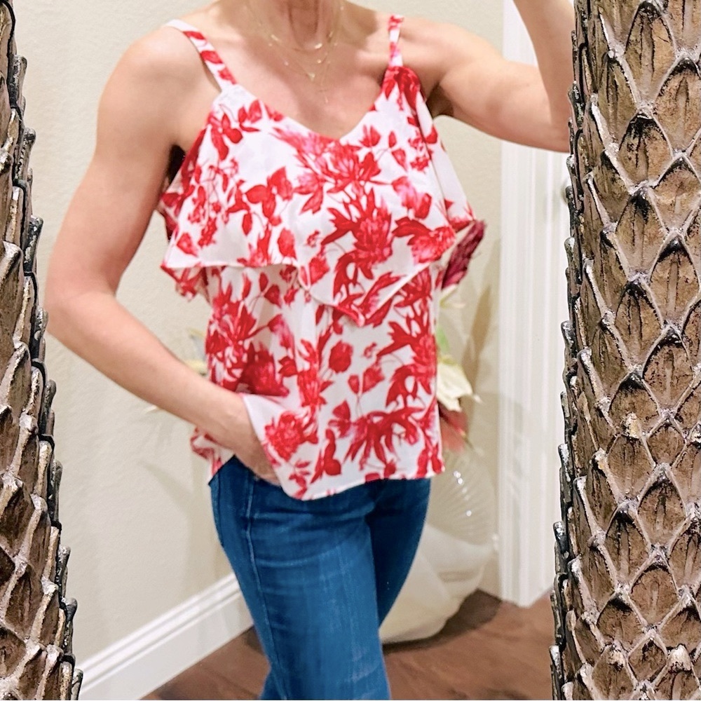 Veronica M Red and White Peekaboo - Cold Shoulder Floral Blouse